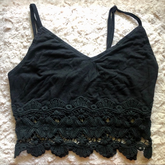 Black Crop Top w/ Lace Design - Picture 1 of 5